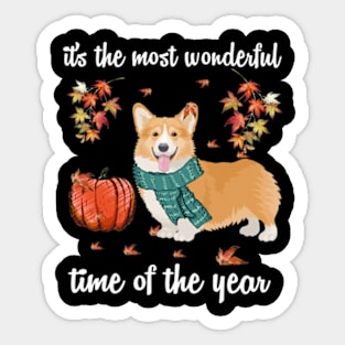 Corgi Dog Autumn Fall Most Wonderful Time Maple Gift Sticker